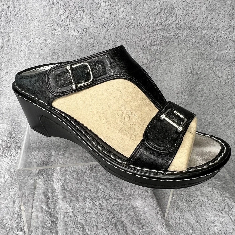 Alegria Lara Leather T Strap Sandals Womens Size 37 US 7 Black Adjustable